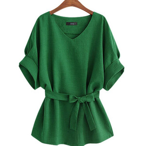 Blus Wanita Musim Panas Linen Ukuran Besar Kerah V Pita Besar Model Batwing Ikat Longgar - Product Image 1