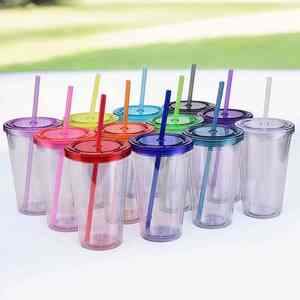 Nouvelle tasse à eau réutilisable en plastique à couvercle plat, double paroi, transparente, portable, avec revêtement anti-corrosion et paille, simple et sûre pour les aliments - Product Image 2