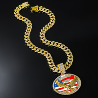 Pendentif ovale Aigle Drapeau USA plaqué or avec zircons, style Hip-Hop, en alliage, avec chaîne cubaine