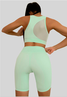 Ensemble de vêtements de sport actifs pour femmes, shorts de yoga de fitness, logo personnalisé, maille à empiècements, ensemble de 2 pièces, soutien-gorge de yoga, pantalon de course