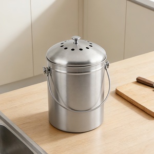 Cylindrical Storage Bucket for Indoor Use Stainless Steel <b>Kitchen</b> <b>Compost</b> <b>Bin</b> with Lid and Handle - Product Image 6