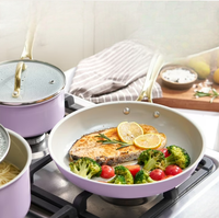 Set Peralatan Masak Aluminium Lapisan Keramik dengan Tutup dan Gagang Kaca, Set Panci dan Wajan Dapur, Mudah Dibersihkan