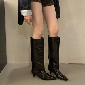 Botas Altas de Tacón Bajo con Punta en Pico, de Charol Rojo Oscuro, Estilo Otoño/Invierno, para Mujer, Nueva Colección en Oferta - Product Image 3