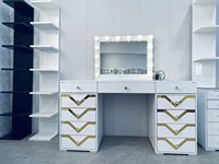 Table de maquillage éclairée moderne avec grand rangement, panneau en MDF durable