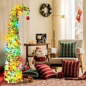 Sapin de Noël pop-up de 1,5 m avec lumières LED - Design incurvé et incliné, boule rouge en haut, arbre artificiel serré, décoration de vacances intérieure et extérieure - Product Image 1