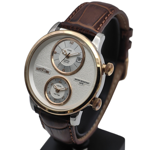Reloj de Hombre de Doble Hora con Logotipo de Marca Personalizado al por Mayor OEM, con 2 Movimientos, Caja de Acero Inoxidable 316L y Correa de Cuero de Becerro P4560M - Product Image 6
