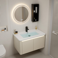 Meuble de salle de bain mural en aluminium, blanc crème mat, avec miroir rond rétroéclairé intelligent à LED et éclairage d'ambiance, ensemble vasque en céramique pour hôtel