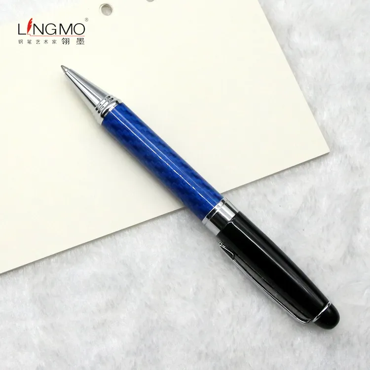 Shanghai Lingmo penna Souvenir in fibra di carbonio blu OEM Logo Twist penna a sfera aperta penna cliente