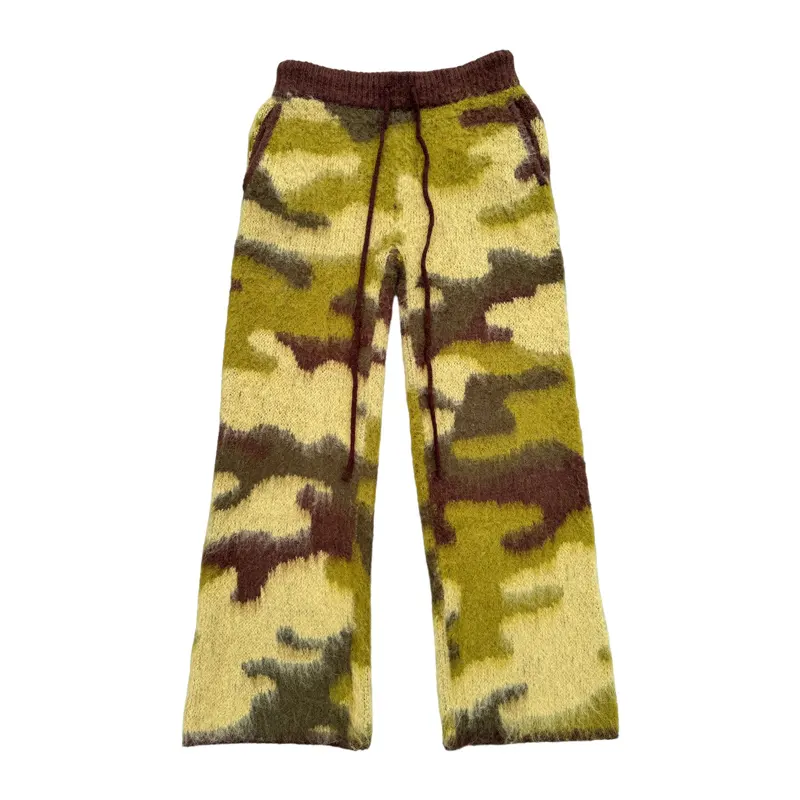 Celana Jogging pria mode Fuzzy Camo Mohair pabrikan Senior celana panjang rajut pria celana keringat suar