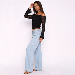 T-<span class=keywords><strong>shirt</strong></span> de luxe personnalisé pour femme, nouveau modèle tendance, à épaules dénudées, <span class=keywords><strong>manches</strong></span> <span class=keywords><strong>longues</strong></span>, sexy, coupe ajustée, en maille et <span class=keywords><strong>dentelle</strong></span>, idéal pour les soirées - Product Image 3