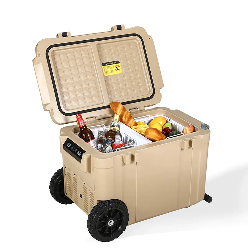 45 litres 12v 240v Portable Camping boîte de refroidissement électrique réfrigérateur de voiture Mini réfrigérateur avec poignée et roue