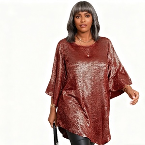 Nouveau T-shirt pour femme grande taille, coupe ample, col rond, manches trois-quarts, ourlet asymétrique, tendance - Product Image 5