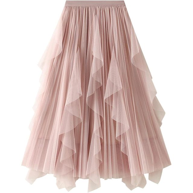 FOXA Womens A Line Ruffle Tulle Midi Skirt High Waisted Fairy Long Mesh Tutu Skirts