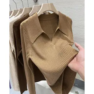 Jersey de nuevo estilo de primavera y otoño, suéter de punto fino con cuello en V y cuello de polo, suéter inferior de color sólido para mujer