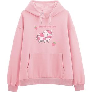 FOXA Sudadera con capucha con estampado de vaca y fresa para mujer, jersey de algodón de manga larga con bolsillo, ropa estética - Product Image 3