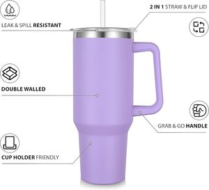 40oz Eco-Friendly Customizable Stainless Steel Insulated Travel Mug Tumblers with Handle Straws <b>Double</b> <b>Wall</b> Vacuum Sealed Cup - Product Image 2