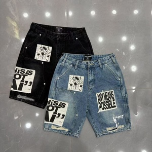New MIXED EMOTION <strong>High</strong> Street Washed Vintage 100% Cotton Rhinestone Mid <strong>Waist</strong> Loose Straight Casual <strong>Denim</strong> <strong>Shorts</strong> for Men - Product Image 1
