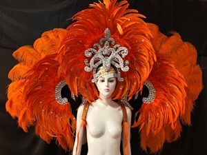 Costume de scène de célébration d'inauguration, costume <span class=keywords><strong>indien</strong></span> à plumes, coiffe exagérée, panneau arrière en plumes d'autruche, costumes de danse samba - Product Image 3