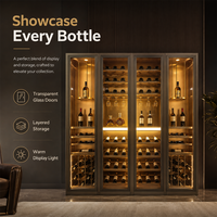 Armoire à vin moderne vintage personnalisée avec cadre en acier inoxydable, porte vitrée, intérieur LED chaud, rangement autoportant pour la maison