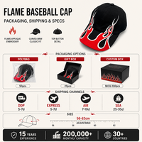 Casquette de baseball unisexe vintage en sergé de coton à 6 panneaux, réglable, brodée, avec logo personnalisé motif flamme noire, vente en gros OEM, faible MOQ