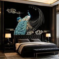 Wallpaper Tempel, Mural Burung Biru Hijau, Dinding Latar Belakang Hitam untuk Villa, Hotel, Klub, Kamar Tidur & Dinding Sofa di Foyer