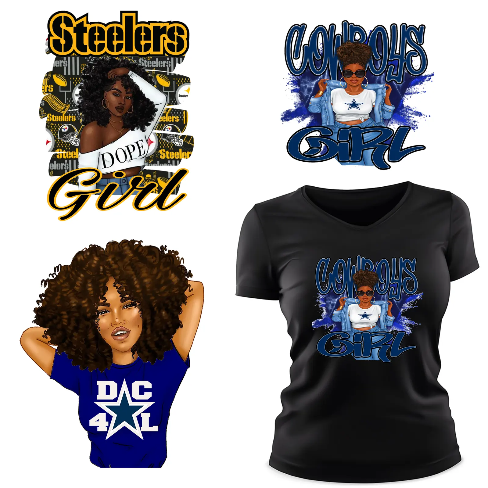 Wholesale Super Quality Afro Football Girl Iron On Heat Transfer Stickers Decals Appliques Patches For T-shirts Hoodie Clothes