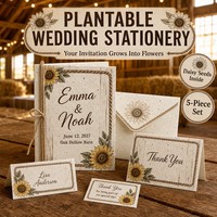 Pflanzbares Rustikales Hochzeits-Set im Scheunen-Stil mit Gänseblümchen-Samen und 5-teiligem Individuellen Schreibwaren-Set für Rustikale Hochzeiten