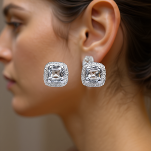 Boucles d'oreilles clous en or blanc E657 avec zircon taille princesse, serti halo géométrique, bijoux de mode classiques pour femme, pour mariage - Product Image 2