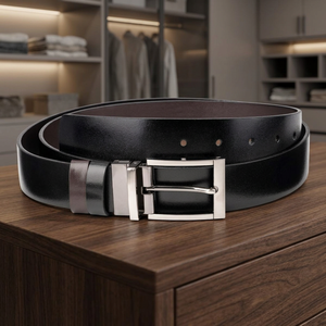 Ceinture réversible en cuir véritable, cuir de vache, couleur unie, boucle à ardillon rectangulaire argentée, style formel - Product Image 2
