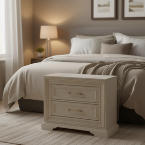 Comodino in Stile Transizionale con 2 Cassetti, Bianco Crema, Arredamento Camera da Letto in Legno - Product Image 2