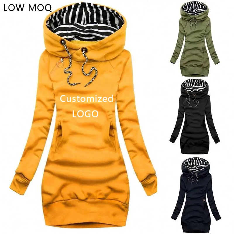T1228 Women Sweatshirt Pullover Dress Hooded Striped Tops Drawstring Sweatshirts Slim Long Hoodies