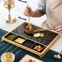 Kaiwoo Keramik-Steak platte mit Holz bambus basis und vier Unterteilung sacuers für Restaurant hotels mit Stern-und Mond design