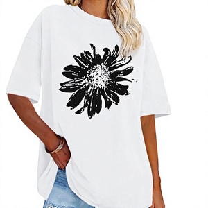 T-shirt décontracté pour femme, blanc, col rond, manches courtes, coupe ample, en jersey de coton, imprimé floral, printemps-été - Product Image 1