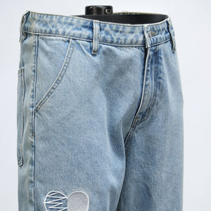 Customizable High Quality Streetwear <strong>Jeans</strong> with Heart Embroidery, Loose Straight Leg <strong>Denim</strong> Pants for Men &amp; Women - Product Image 6