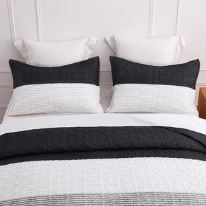 100% Cotton <strong>White</strong> and <strong>Black</strong> Stripe Quilt <strong>Bedspread</strong> 3Piece Farmhouse Soft Reversible Coverlet Bedding Set - Product Image 5