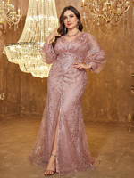 Robe de soirée longue à volants pour femmes grandes tailles, col en V, manches longues lanternes, tissu en dentelle, taille cintrée, fente haute devant