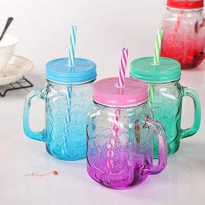 Bán Hot 16Oz Gradient Thư Xử Lý Cup Mason Rõ Ràng Nước Thủy Tinh <span class=keywords><strong>Jar</strong></span> Với Xử Lý Bán Buôn <span class=keywords><strong>480Ml</strong></span> Nước Trái Cây Mason <span class=keywords><strong>Jar</strong></span> Với Rơm - Product Image 2
