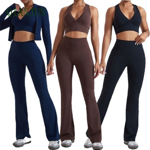 OEM Solid High Waist Women's Flare Gym Fitness <b>Yoga</b> Tracksuit Sports Bra Biker Sportswear Eco-Friendly Long Sleeve Zipper Jacket - Product Image 3