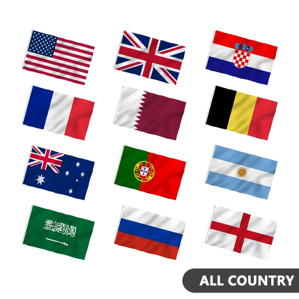 Bandeira 100% poliéster para bandeiras mundiais, bandeira nacional com estampa personalizada de 3x5 pés para todos os países, bandeira promocional em estoque, atacado mundial