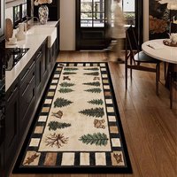 Tapis de couloir rectangulaire en polyester à poils plats motif Élan de la Forêt, avec envers antidérapant en PVC, pour décoration de cuisine et de couloir de style ferme