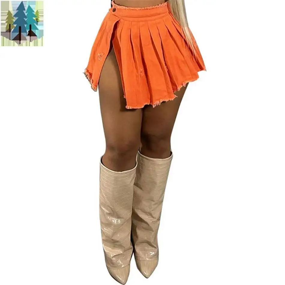 7001 Women's Wear Still Broken Hole Tassel Street Denim Side Split Half Skirt Solid Color Pleated Short Skirt