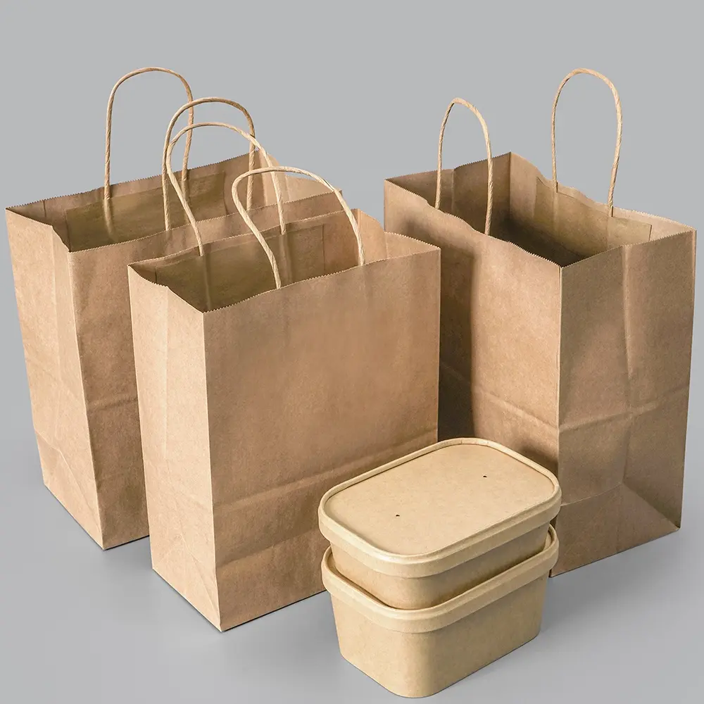 Logo baskı tek kullanımlık ambalaj çanta özelleştirmek kraft kağıt torba yiyecek kutusu ambalaj saplı çanta hediye aperatif alışveriş için