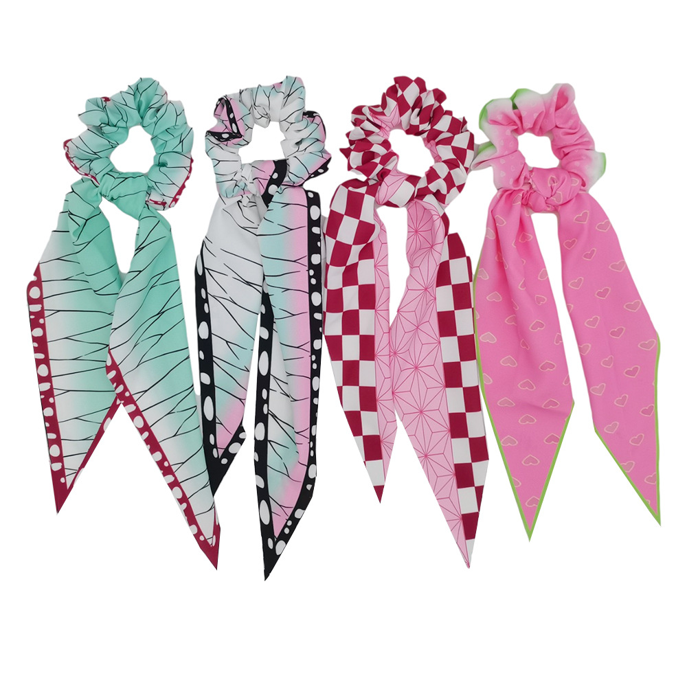 Резинка для волос с героями мультфильмов для девочек, шифоновые резинки для волос, резинки для волос с длинным ремешком для аниме, резинки для волос для рассекающих демонов, аксессуары для волос