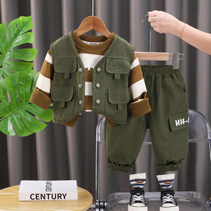 Nouvel ensemble de vêtements pour garçons 2027 : Gilet en coton et <span class=keywords><strong>pull</strong></span> rayé pour le printemps et l'automne – Tenue tendance trois pièces en promotion - Product Image 2