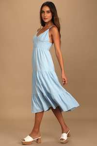 <span class=keywords><strong>Abito</strong></span> longuette in cotone con scollo a V e scollo a V senza maniche a strati blu chiaro - Product Image 3