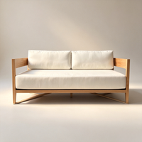 Canapé d'angle en forme de L Japandi en bois de chêne naturel avec coussins en tissu blanc amovibles, écologique et minimaliste, pour 2 personnes, idéal pour le salon