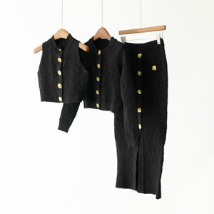 Autumn Jacquard Jersey Cardigan Vest Midi Skirt Three-Piece <strong>Set</strong> New Fashion Slim ODM <strong>Design</strong> Skinny Fit Top with Solid <strong>Pattern</strong> - Product Image 2