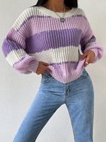 Pull à col rond contrasté pour femme, rayé, côtelé, décontracté, polyvalent, respirant, 100% polyester, tricoté à la machine