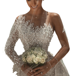 Luxo frisado ilusão manga comprida trem destacável das mulheres africanas noiva vestidos de casamento um ombro nupcial vestidos de casamento - Product Image 2