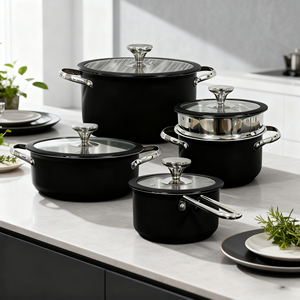 ชุดเครื่องครัวสแตนเลสสีดำสไตล์เกาหลี304เป็นมิตรกับสิ่งแวดล้อมฝาแก้วทนความร้อนหม้อซุปสำหรับทำอาหารที่บ้านไม่เคลือบ - Product Image 6